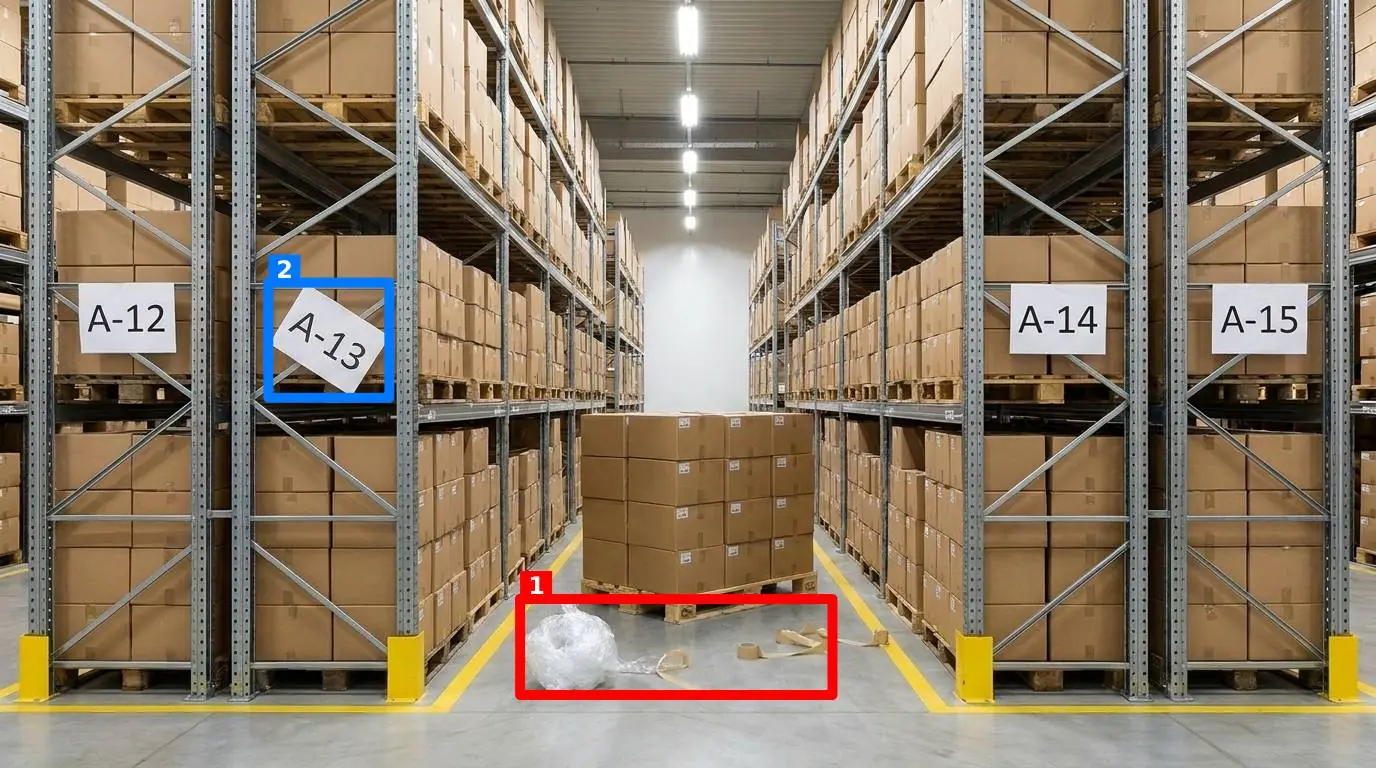 Пример AI-инспекции склада — нарушения в проходе подсвечены рамками