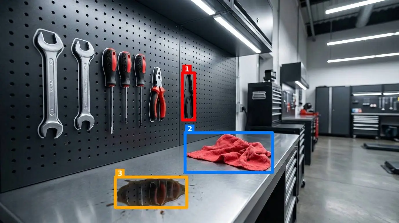 Реальный результат AI-инспекции: три нарушения подсвечены рамками (нет инструмента, ветошь, пятно масла)